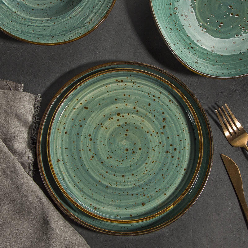 Vintage Green Glazed Plates Sets Dinnerware Restaurant Hotel Supplies Dinner Plates Rustic Ceramic Shallow Dishes Plates Set