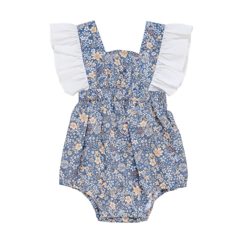 Baby jumpsuit floral newborn baby crawl suit flying sleeve bag butt suit summer back
