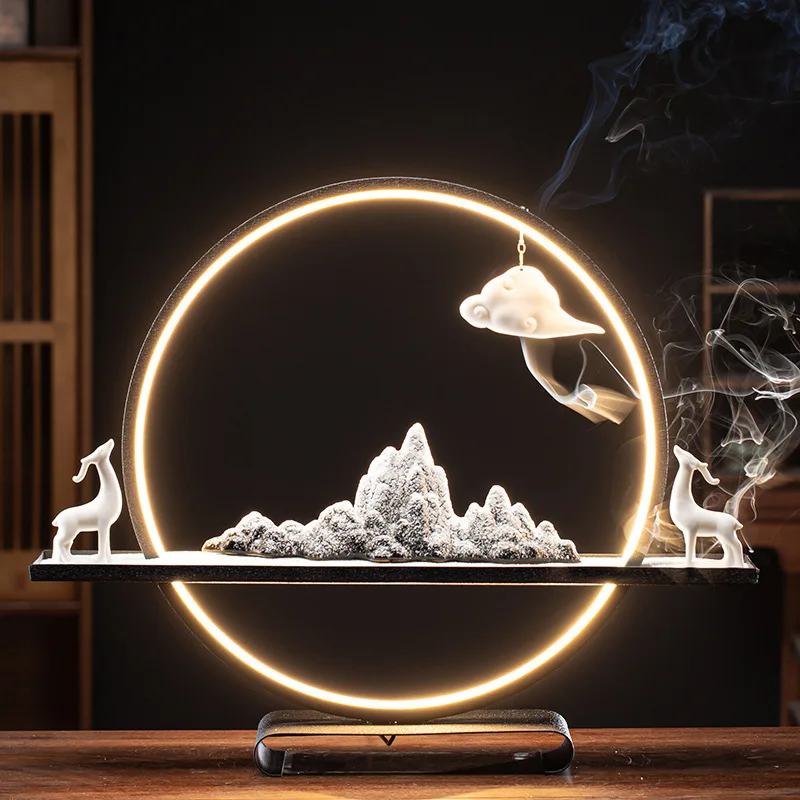 zen style home office decor accessories waterfall censer creative ceramic backflow incense burner with light ring