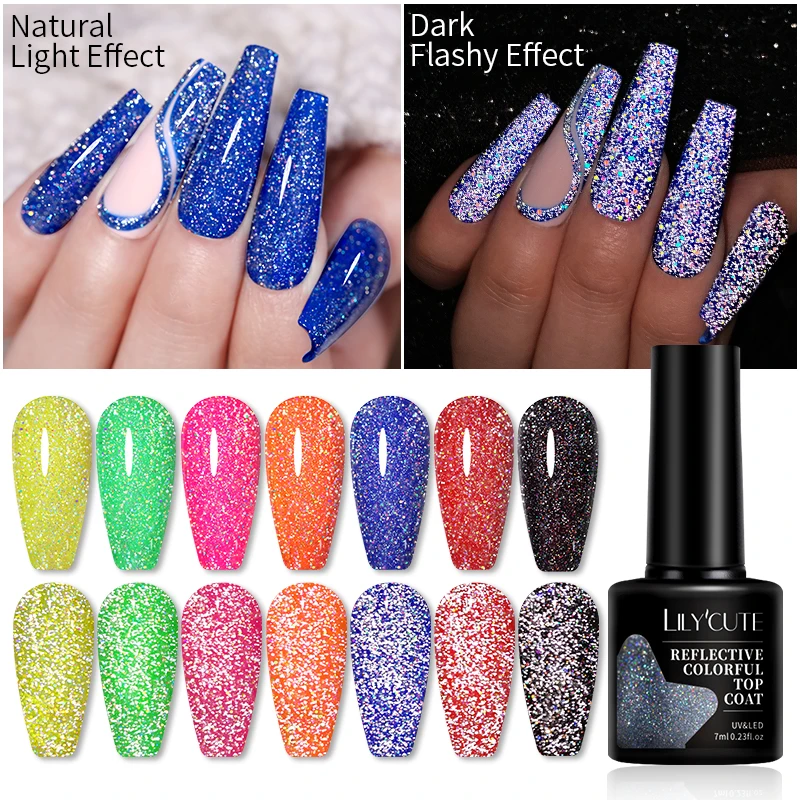 LILYCUTE Laser Reflective Glitter Top Coat Nail Gel Polish Resin Disco Sparkling Semi Permanent UV for Manicure Art