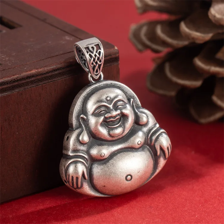 Chinese-style S999 full-foot silver vintage Maitreya Buddha pendant necklace to make old matte Buddha brand national wind Buddha