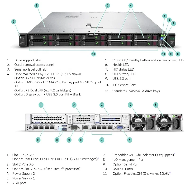 Factory Direct Sale 1U Rack Mount DL360 Gen11 Cloud Server Xeon CPU 64GB DDR4 Memory 750W Power Supply Rack Server