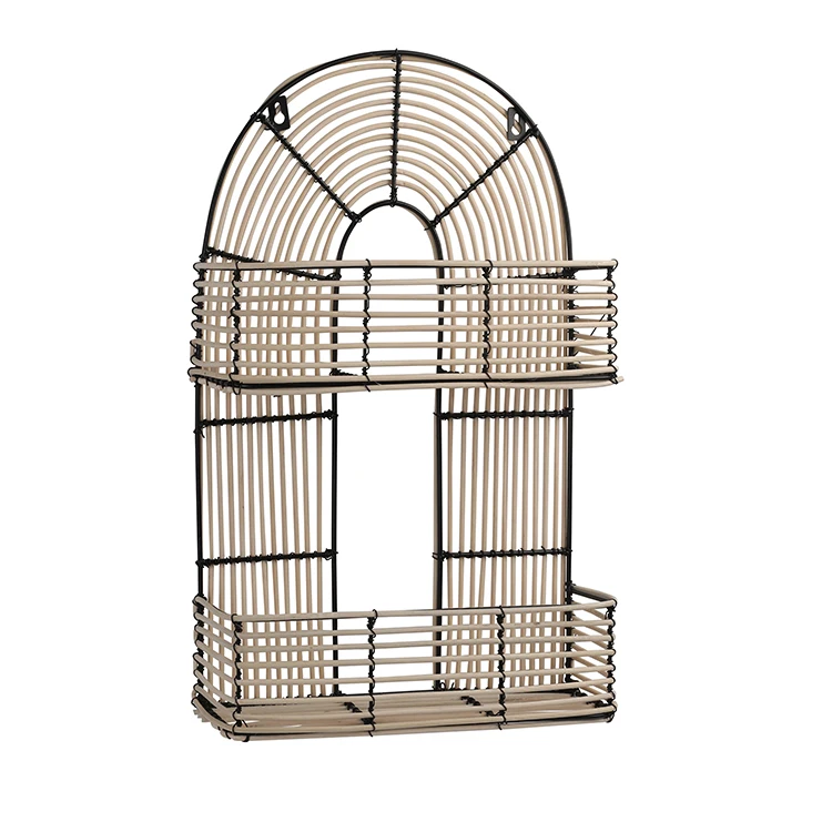 K&B wholesale Metal frame and rattan wall hanging storage shelf for home decor