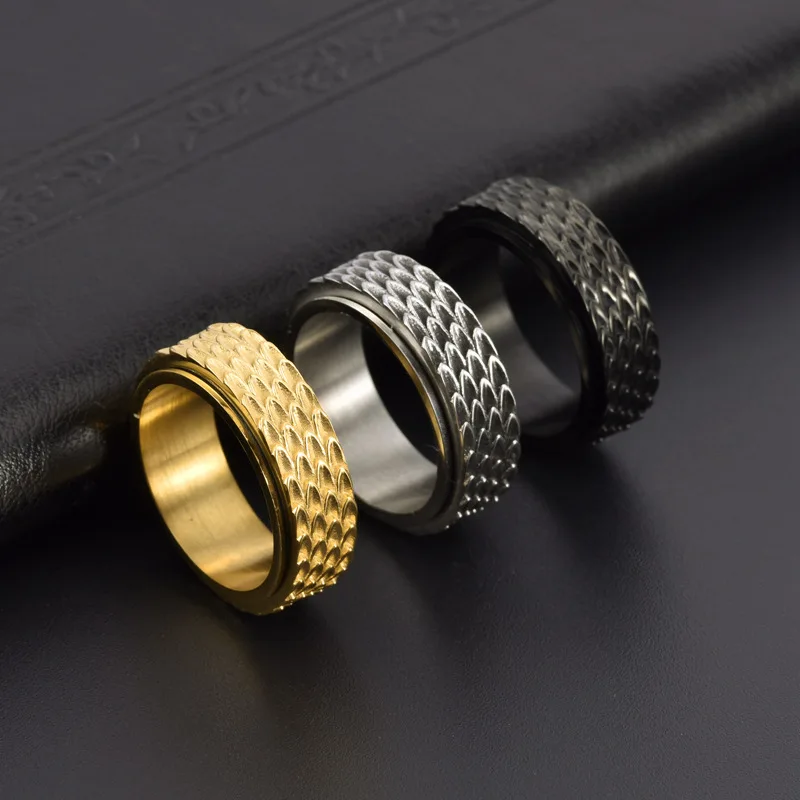 new 8mm Vintage Titanium Steel Ring Gold Black Ancient Silver Dragon Scale Rotatable Stainless Steel Ring finger rings 575