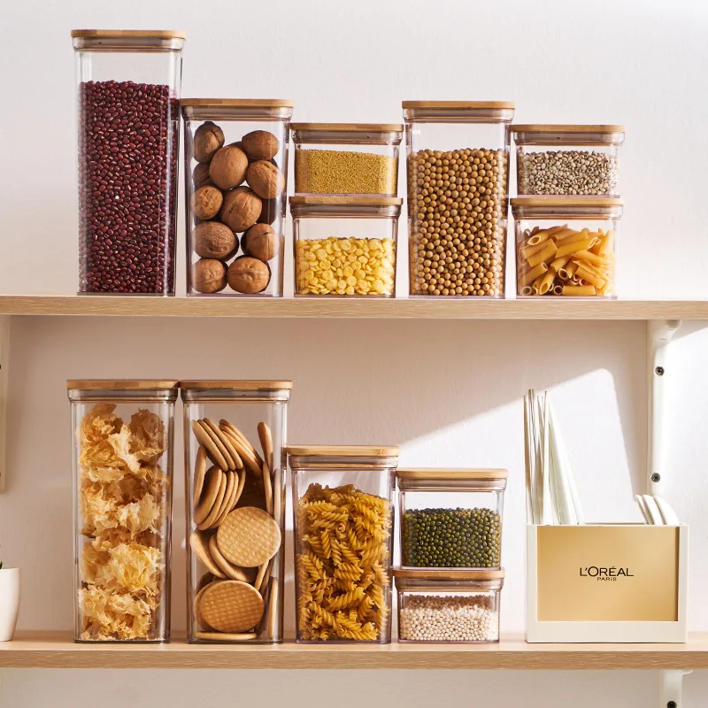 700ml Kitchen Stackable Square Food Storage Jars Bamboo Lid Plastic Square Airtight Food Container With Bamboo Lid