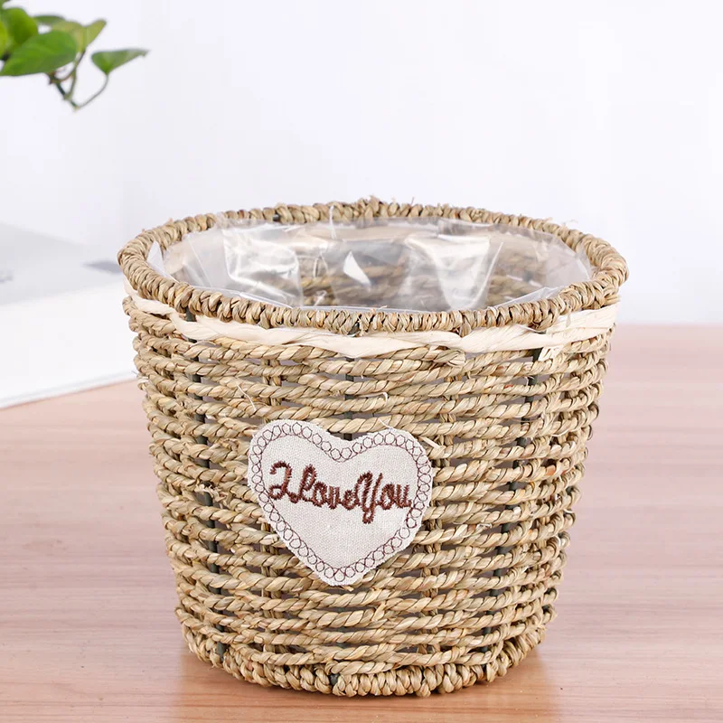 handmade straw braid woven flower basket with plastic liner/wholesale straw grass rope flower gift basket with plastic liner