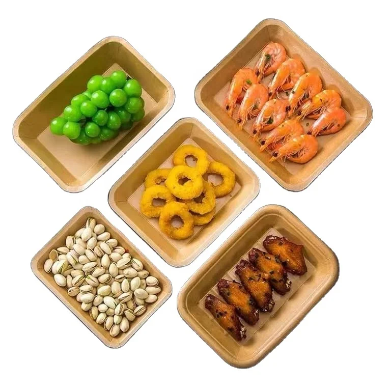 Supermarket Packing Tray with Cling Film Wrap Brown Kraft Paper Disposable Plate Tray