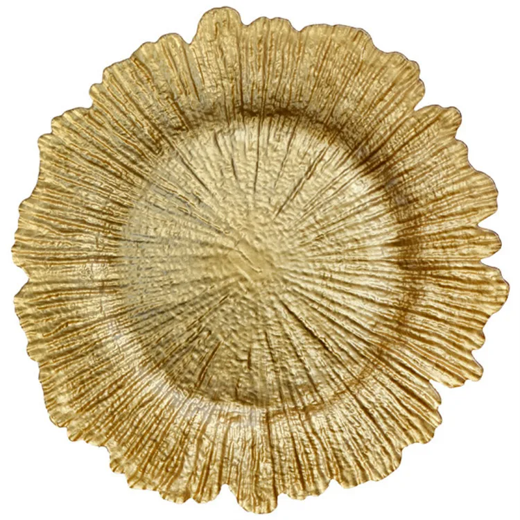 Wholesale Bulk Glass Charger Plates Blush Pink/Gold/Green/yellow Starburst Charger Plates Reef Charger Plates for wedding