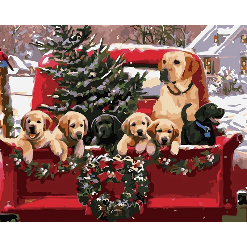 Wholesaling Christmas dogs and trees Merry Christmas design DIY painting by number oil painting