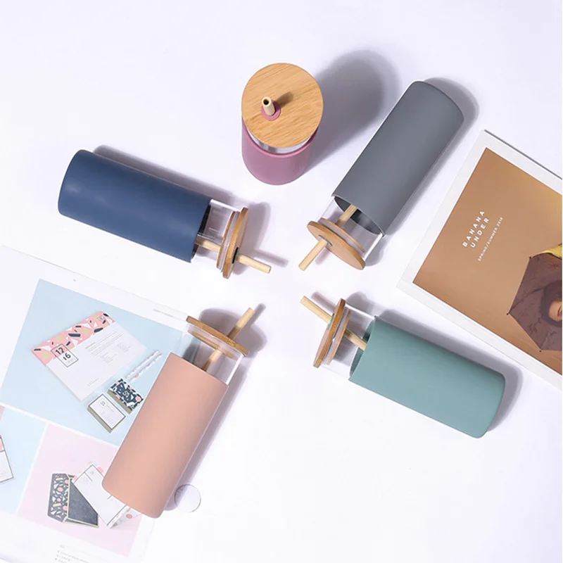 Custom Logo 16oz Borosilicate  Juice Glass Water Cup Mug Tumbler Bottle with Straw Silicone Sleeve and Bamboo Lid