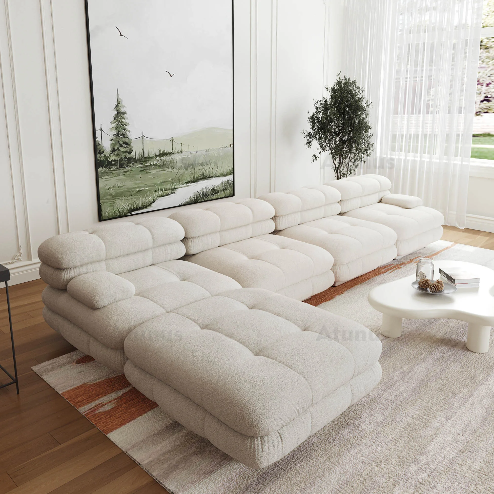 ATUNUS Milan Furniture Show 3 Seat Beige Sofa Nordic Minimalist Living Room Teddy Boucle Velvet Modular Sectional Sofa Couch Set