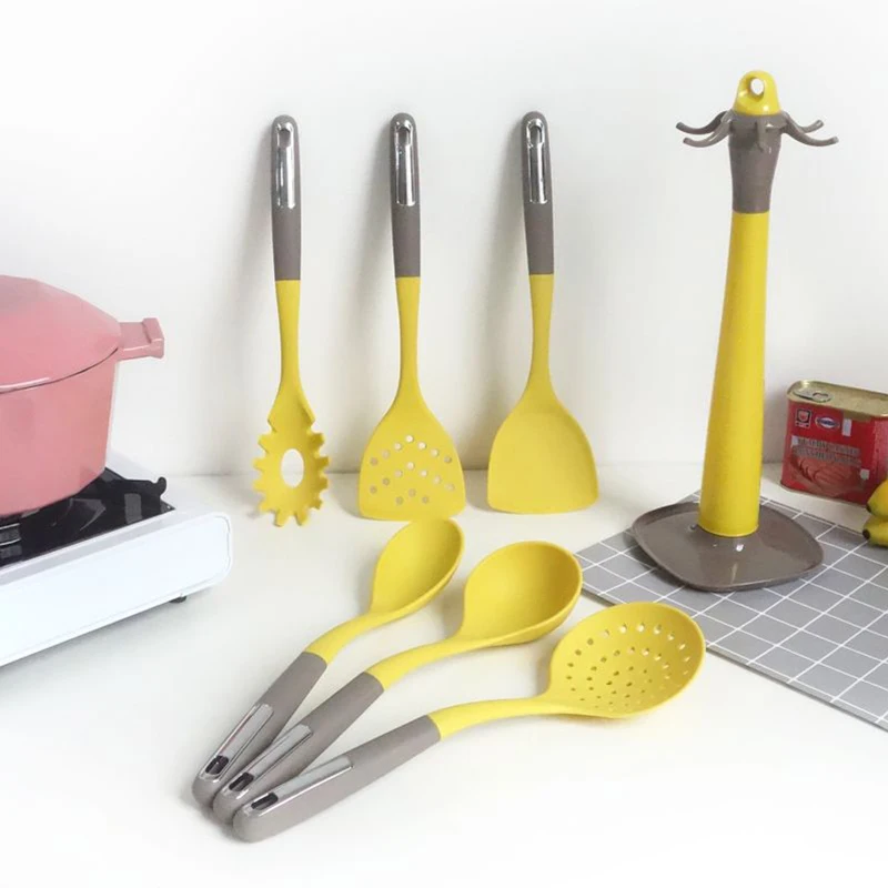 Kitchen Appliances And Utensils Yellow Cooking Tools 7PCS Nylon Kitchenware Set Silicone Kitchen Utensils Set With Holder