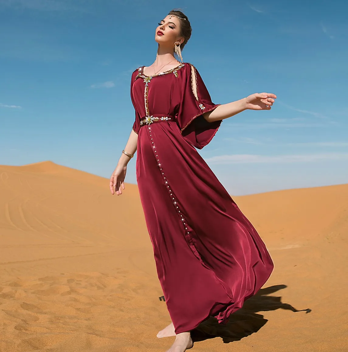 Islamic clothing Muslim long dress handmade heavy diamonds wine red summer arabic short sleeve satin dress abaya for women