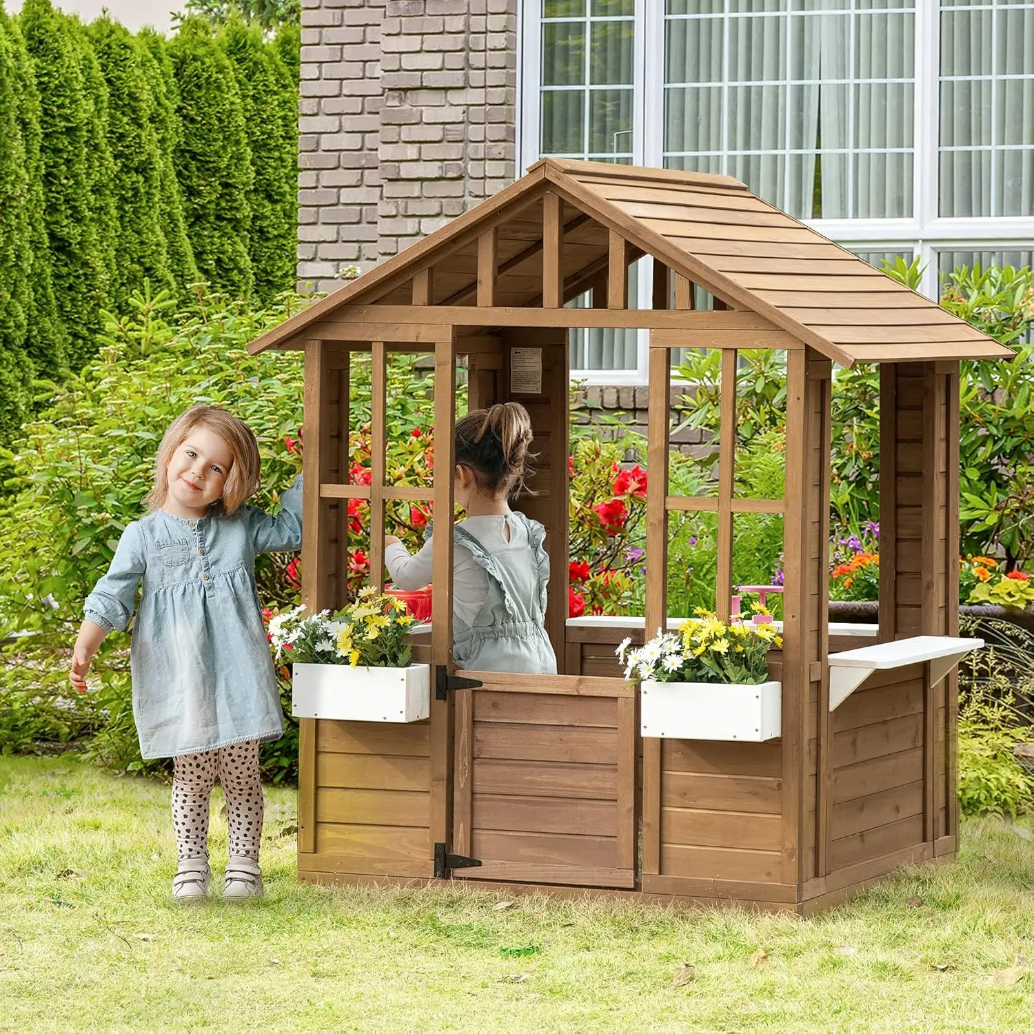 Kids Wooden Playhouse Outdoor Garden Games Cottage Play House with Working Door, Windows, Flowers Pot Holder