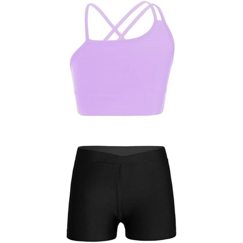 Spandex Nylon Elastic Custom Logo Kids Tank Tops Child Gymnastics Sports Training Attire Camisole Belly Length Tank Top Shorts