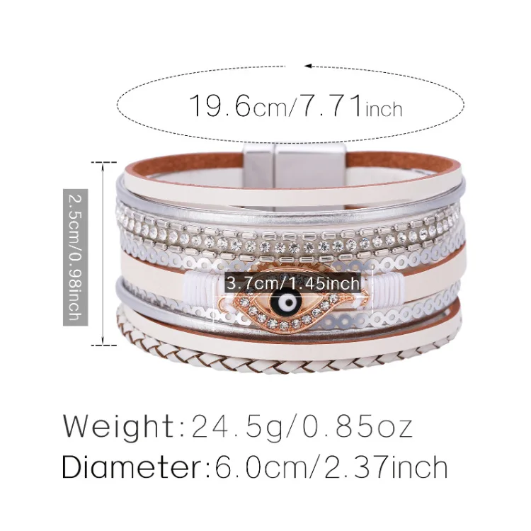 Boho Retro Ethnic Turkish Blue Eyes Bracelets Bangle Handmade Braiding Multilayer Leather Wrap Bracelet with Magnetic