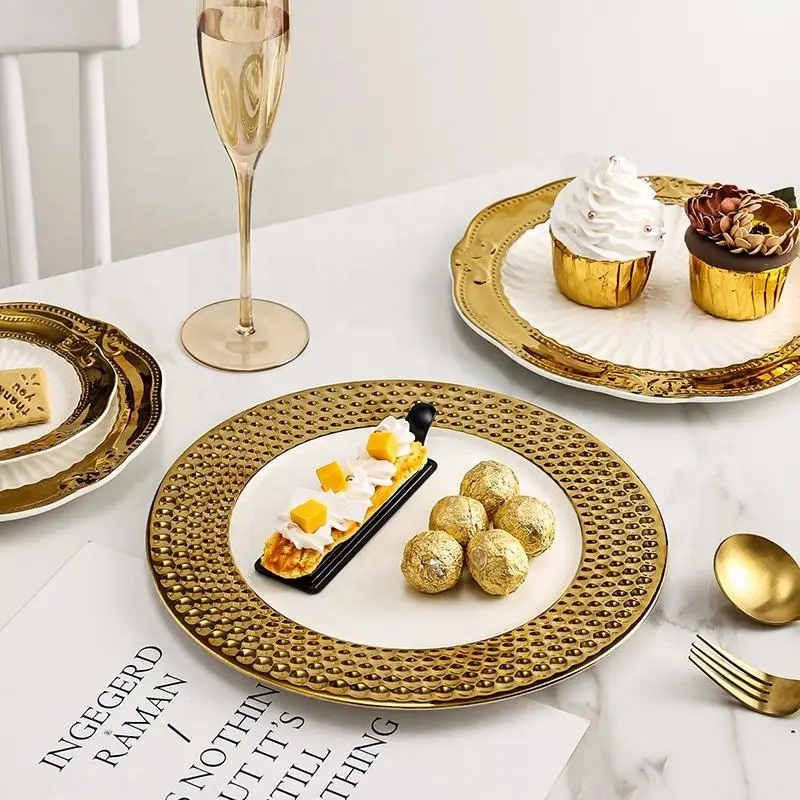 White And Rose Gold Reef Leaf Beaded Rim Charger Dishes