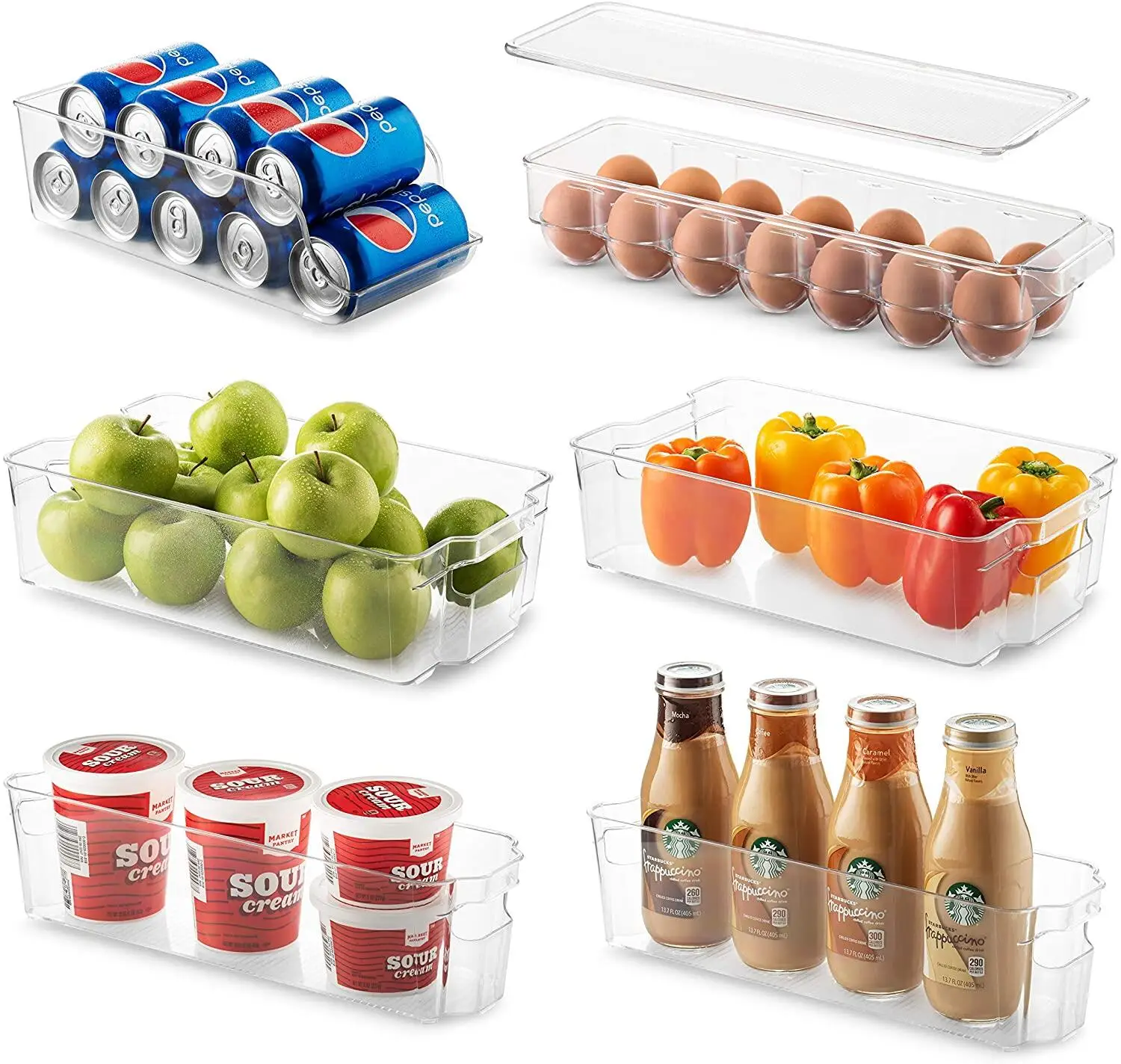 Set Of 6 Refrigerator Bins - Stackable Fridge Organizers for Freezer, Kitchen,  Clear Plastic Pantry Storage