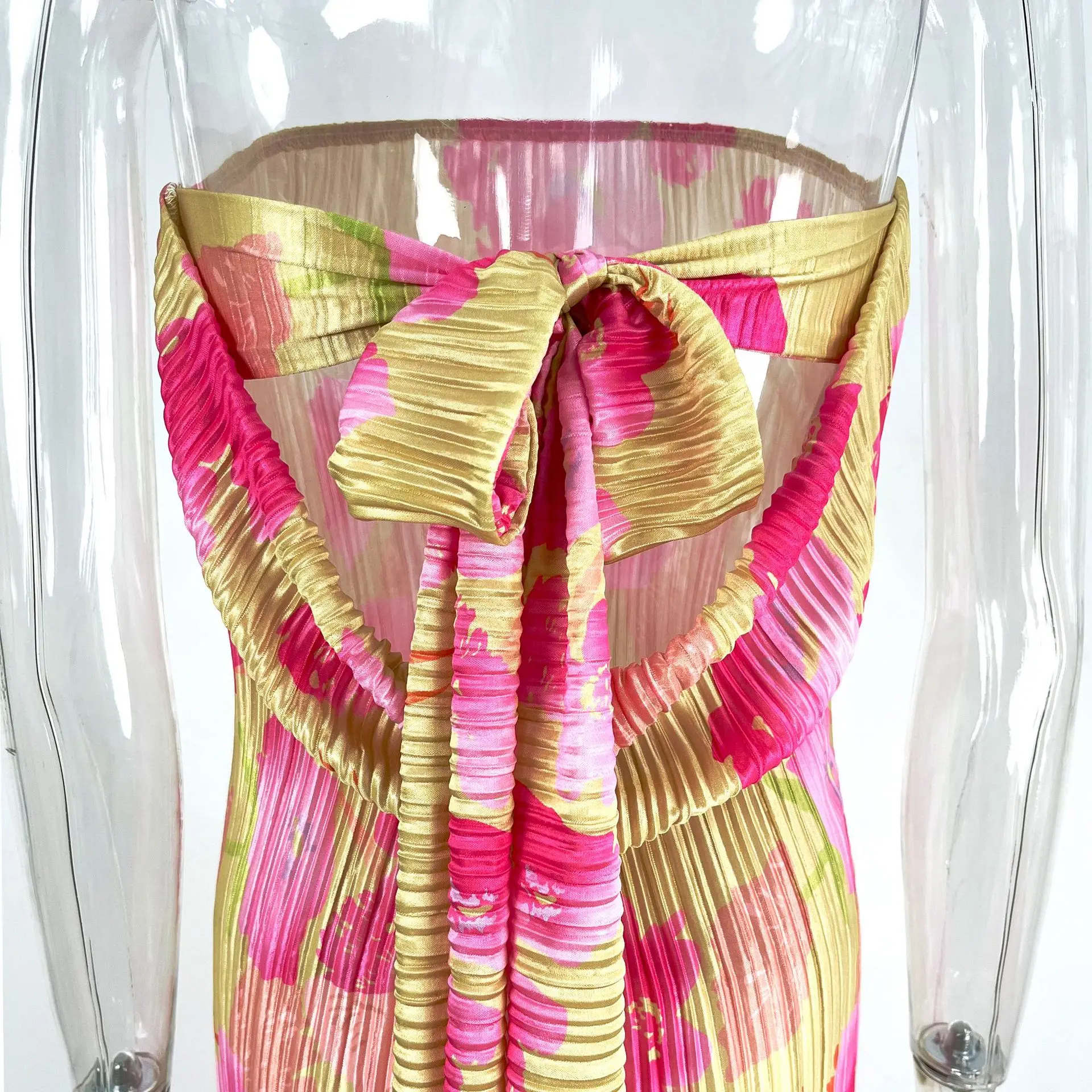 2024 European American  explosion-top print pleated slimming bow long dress