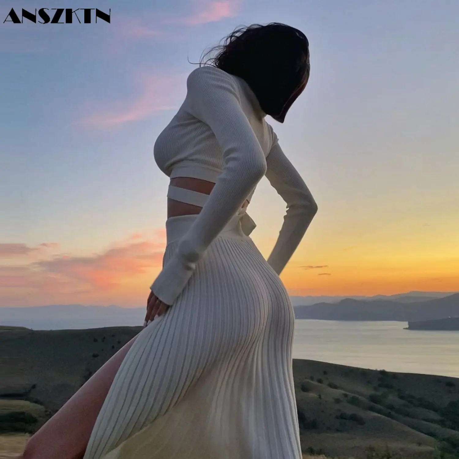 Custom Autumn Knitted Women Fashion Sexy Solid Color Suit Pullover Sweater Slit Pleated Skirt Two Piece Ladies Suit