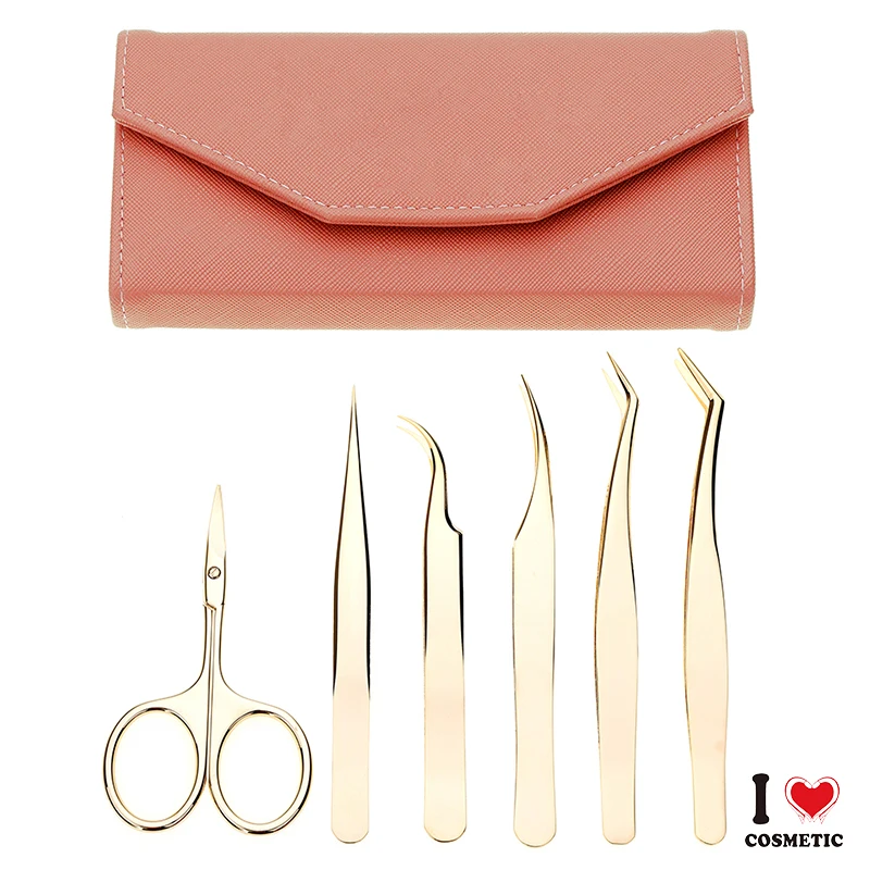 Golden Color Competitive Price False Eyelashes Applicator Tools Set Stainless Steel False Eyelash Clips with Leather Case