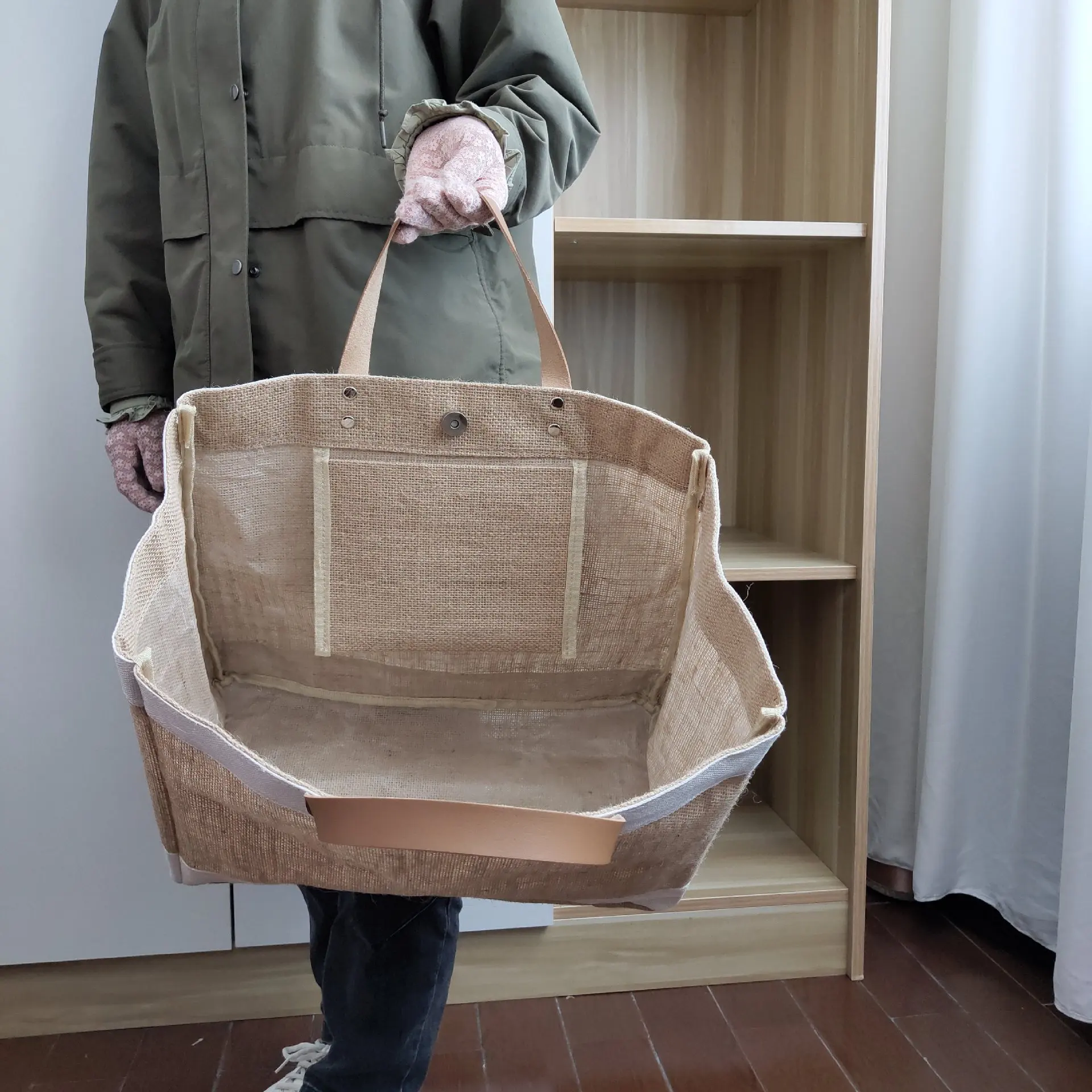 Eco customized brand logo PU leather handle plain blank linen burlap jute shopping tote bag