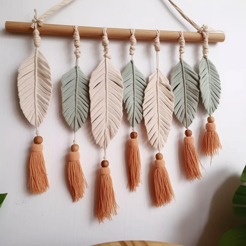 Настенный декор из хлопка макраме с перьями и листьями деревянным верхом