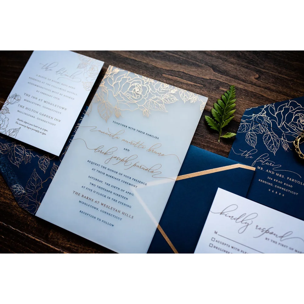Modern Chinese Elegant Blue White Orchid Acrylic Wedding Invitations with Hot Foil and white acrylic cards with gold text