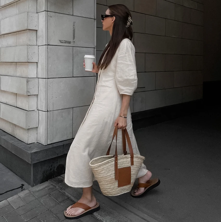 OOTN Ladies V-Neck Cotton Dresses Soft Summer 2023 Puff Sleeve Long Backless Button Dress Elegant Beige Women Linen Dress