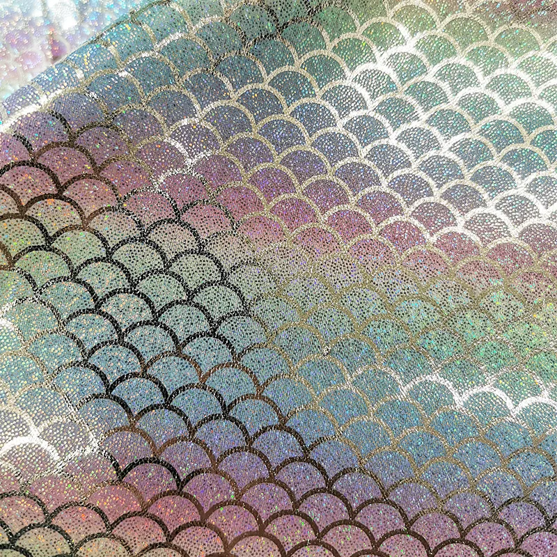 Wholesale Morden Iridescent Sparkly 100% Polyester Rainbow Crystal Laser Foil Print Mermaid Scale Holographic Foil Lame Fabric