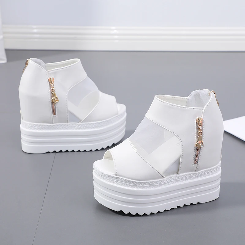 
Summer new style mesh wedges with fish mouth sandals breathable platform high heeled black women sandals 