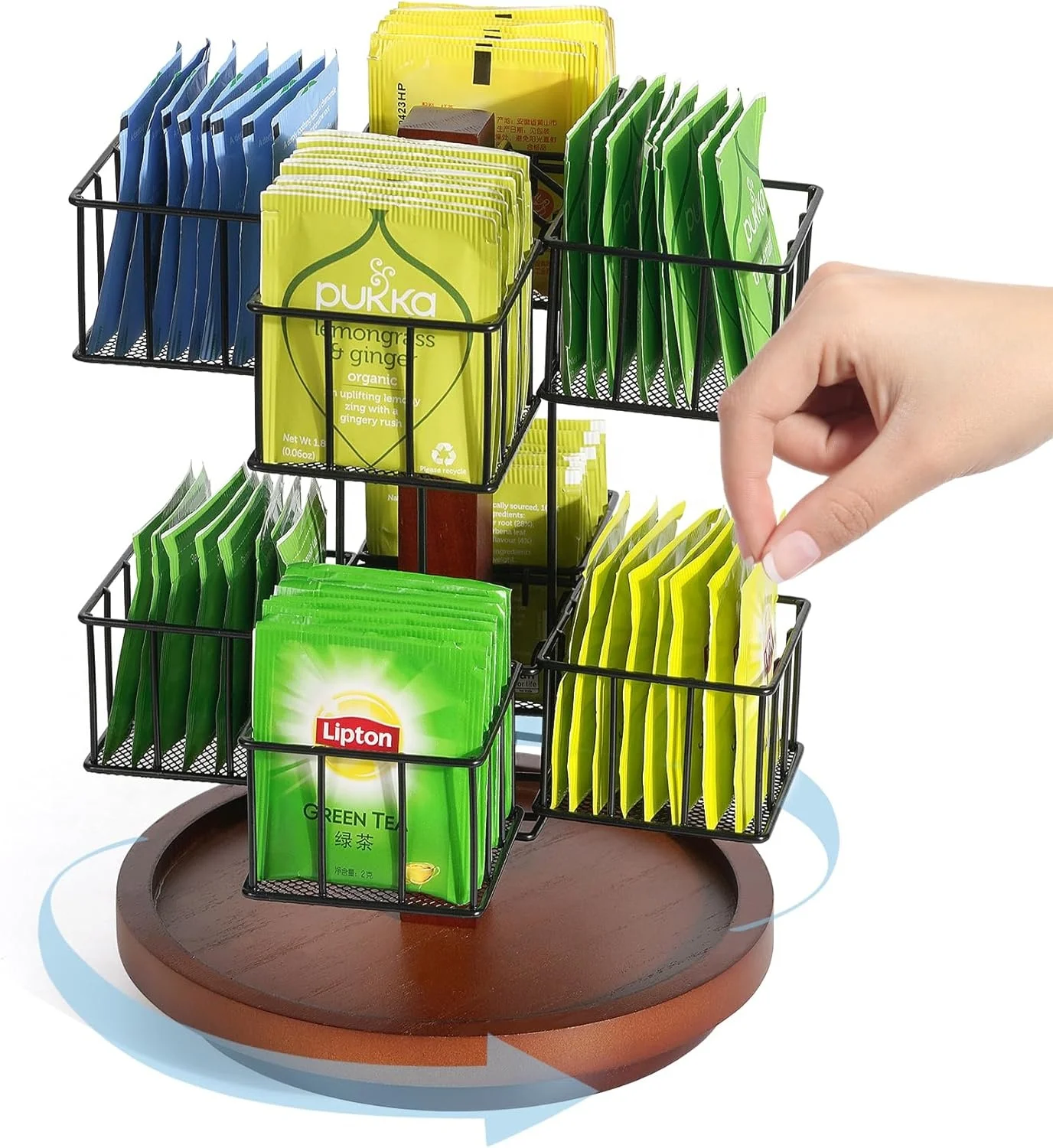 Spinning Tea Bag Holder,Wood Tea Holder for Tea Bag Organizer,Tea Bag Spinning Carousel with 8 Compartments for Tea and Coffee