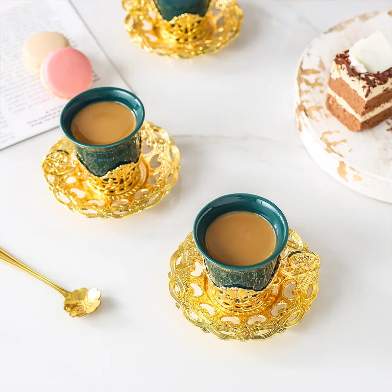 Ethiopian Coffee Cup Set Espresso Cups Mug with Gold Handgrip Handmade Saucers Turkish Ceramic Coffee Cups Teaware