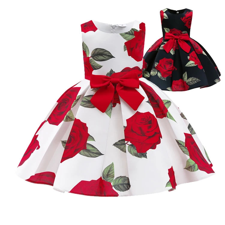 HDKZT8126 2021 Summer Black White Baby Kids Clothes Print Rose Dresses Flower Girls Dress Girl Princess Children Party Skirt