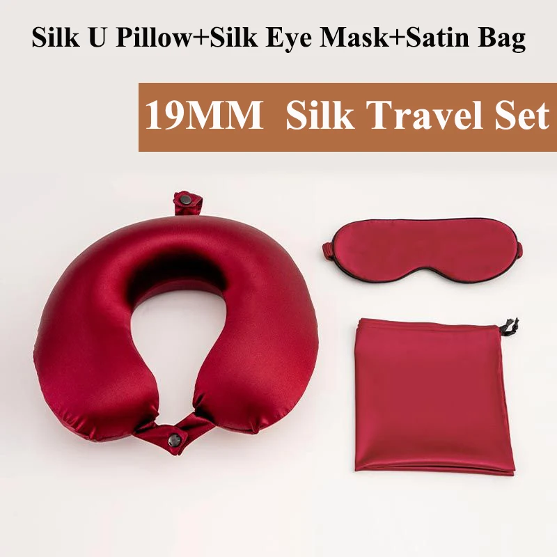 Fast ship Mulberry silk eye mask with silk U Shape Memory Foam neck pillow in bag  3pc silk travel set