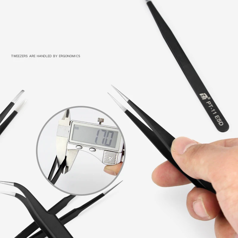 Industrial Grade Black Esd Stainless Steel Antistatic Tweezers For Electronics Pcb And Mobile Phone Maintenance
