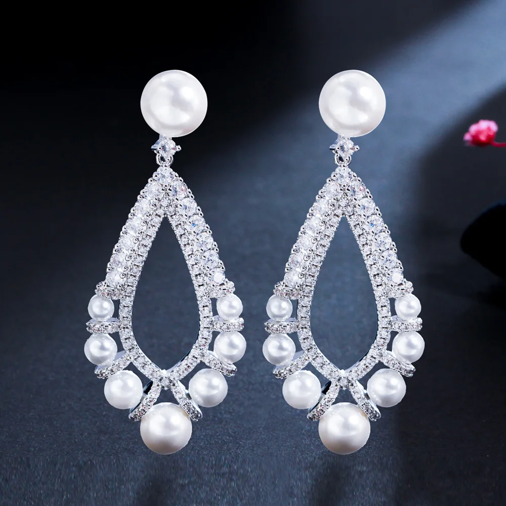 Elegant Top Quality Bright Silver Plated Cubic Zirconia Big Long Bead Pearl Wedding Drop Earrings for Brides Banquet Party