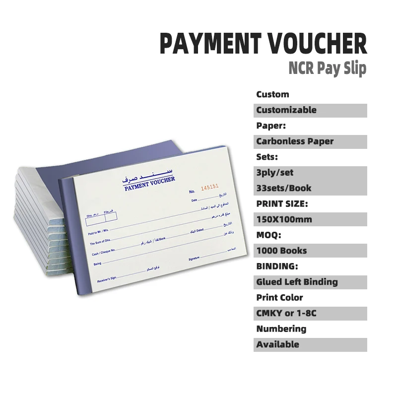 
China Factory Cheap Trading Price Customizable 150X100mm 3ply/set 100P/Book 50gsm NCR Carbonless Paper Payment Slip Voucher 