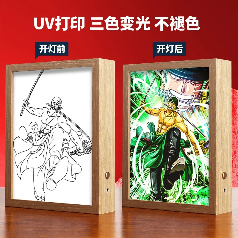 Luffy  Led Decorative Light Painting Lamp Anime One Zoro Three Color Light Glowing Photo Frame luminous Hanging Poster