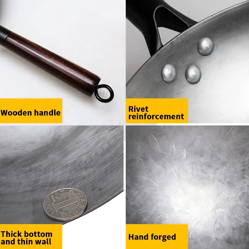Traditional Iron Wok Nonstick Woks Hand Forged for Kitchen Panwooden Handle Wok Kitchen Gas Pot Cookware