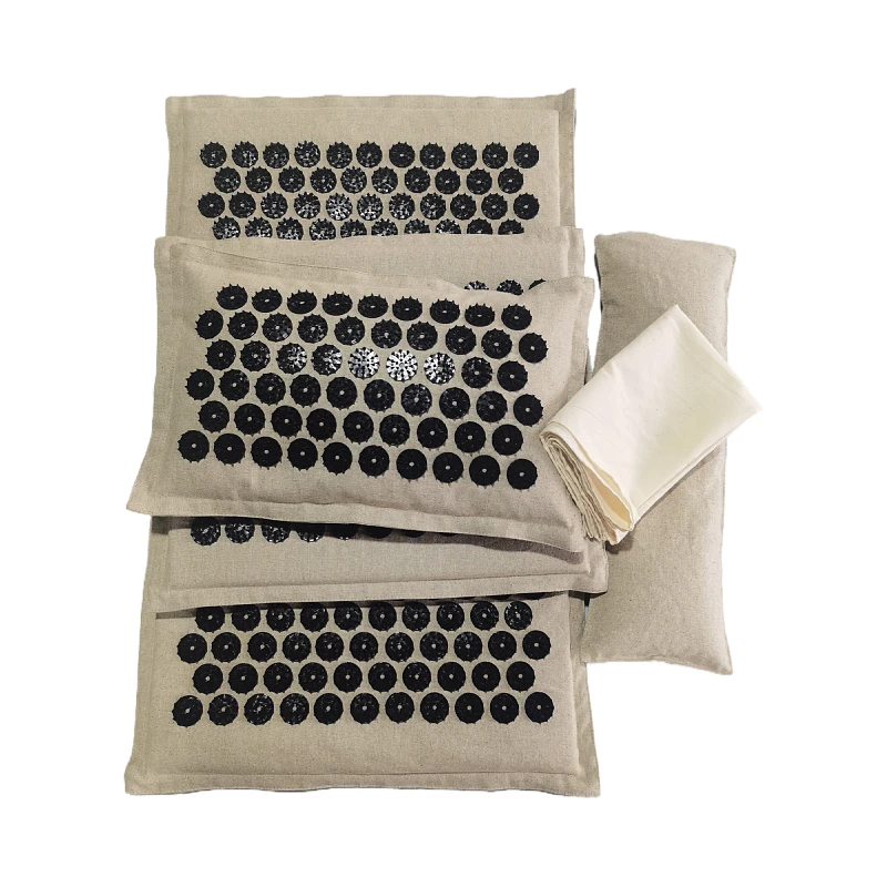 High quality hot sale linen fabric 6pcs sets shakti mat acupressure mat and pillow set with foot mat