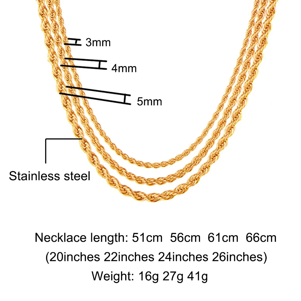 Twisted Stainless Steel Link Chain Rope Necklace For Men Women Fashion Hip Hop