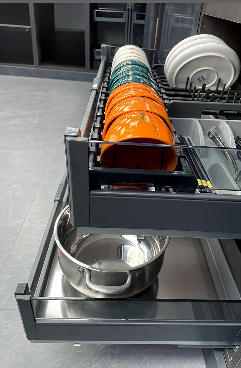 Kitchen Fitting Accessories Cabinets Adjustable Organizer Storage Rack Sliding Dish Drawer Corner Glass 4 Sides Pull Basket