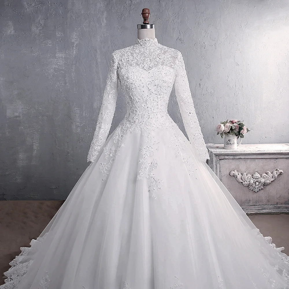 Elegant Muslim Bridal Wedding Dress Floor Length Long Sleeves Bridal Wedding Gowns for Women
