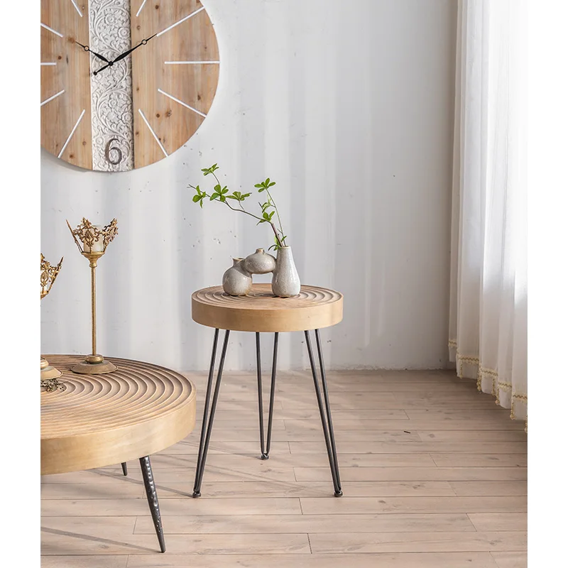Japanese Small Living Room Side Table Set Rustic Mini Solid Wood End Coffee Table Oak Round Wooden End Side Table