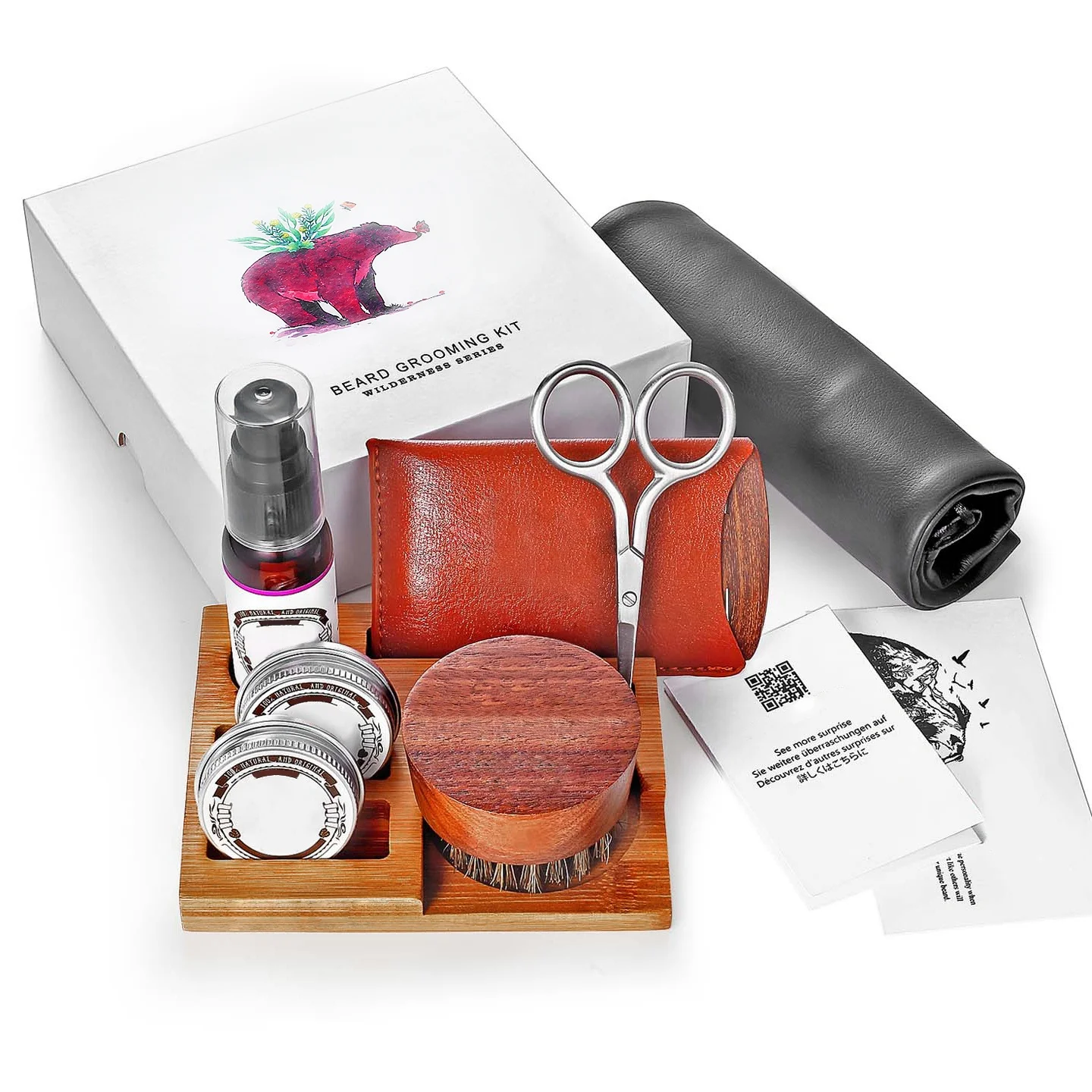Black walnut brush and beard comb with beard oil and balm and scissors Bear box Beard grooming kit