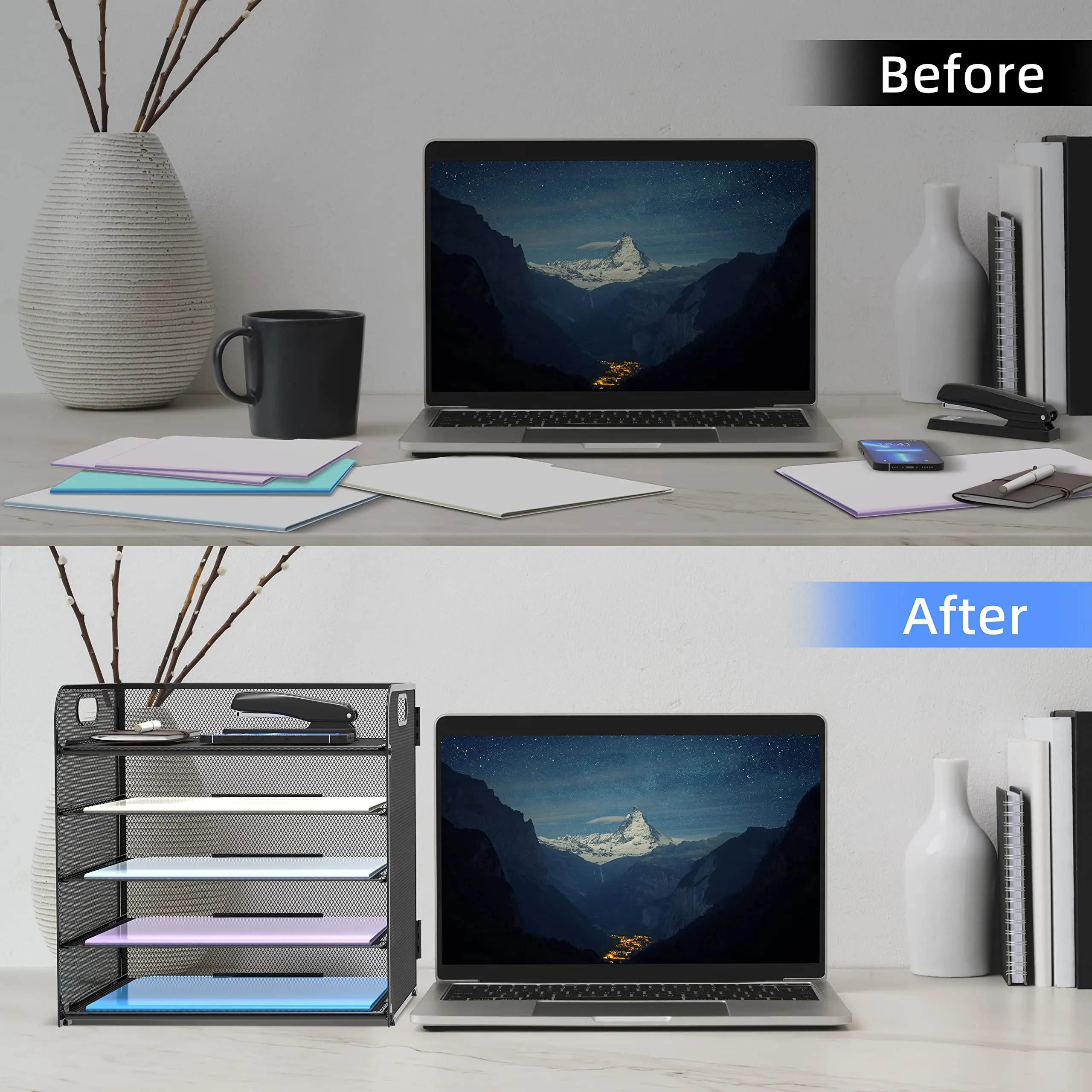 5 Trays Paper Organizer with Handle - Mesh Desk File / Letter Organizer,Black Paper Sorter for Office,Home or School