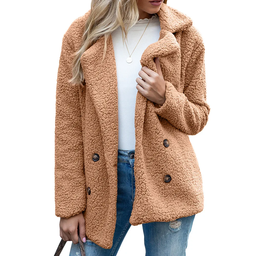 New Fashion Ladies Warm Furry Button Lapel Pocket Jacket Faux Fur Teddy Coat Women Teddy Coat