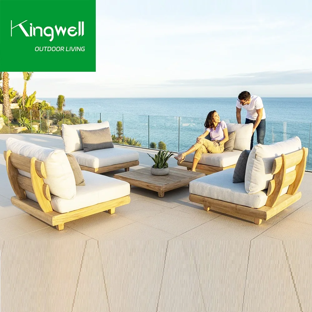 Modern solid wood furniture with cushions sofa set living room garden patio hotel sectional L shape teak outdoor sofa