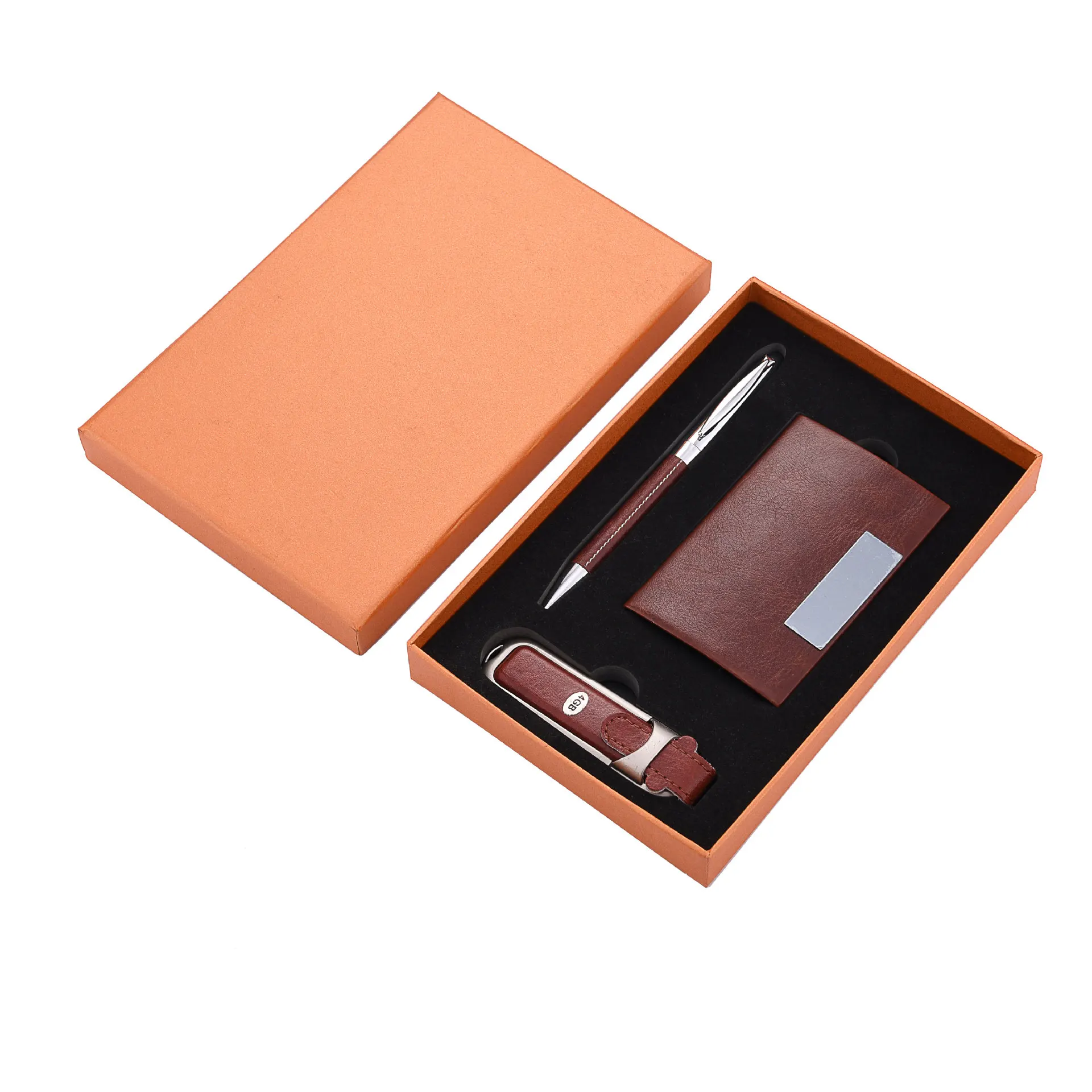 Рекламный деловой подарочный набор, коричневый USB-накопитель из искусственной кожи, держатель для карт, набор ручек из искусственной кожи